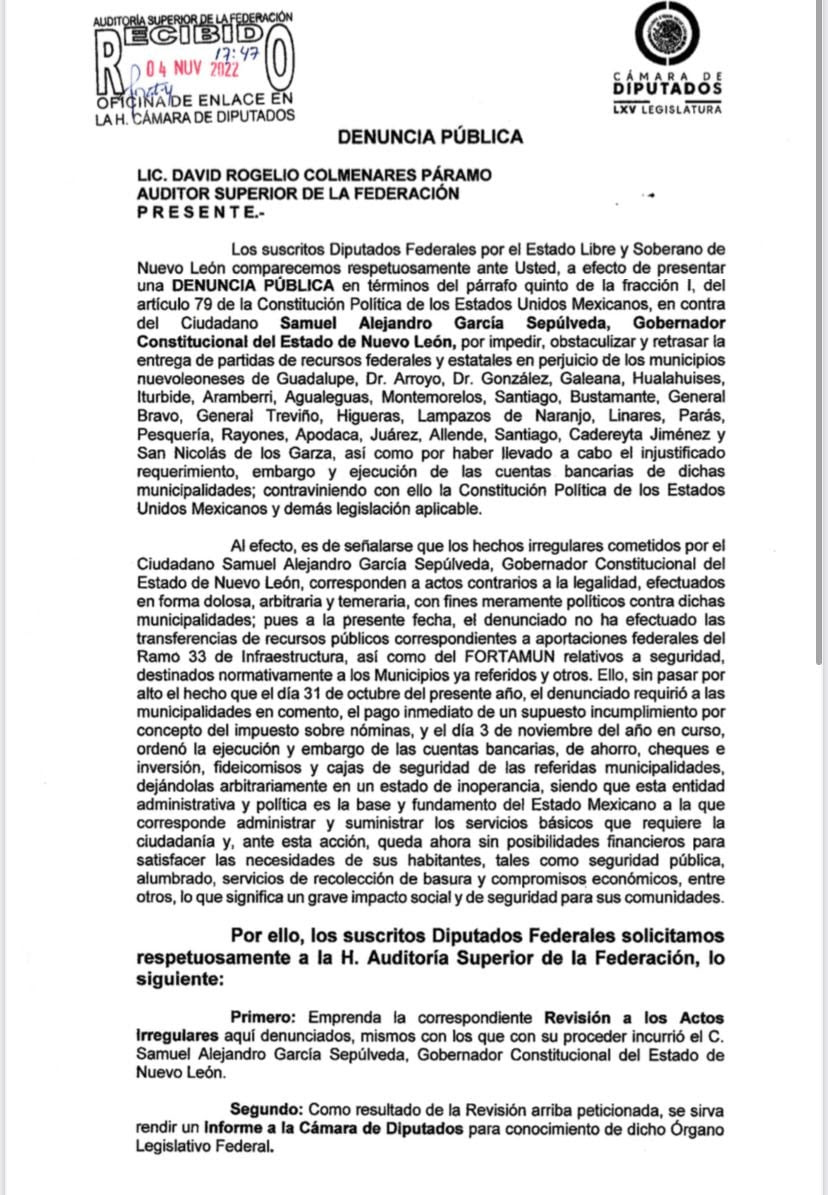 Denuncian a gobernador Samuel García por falta de entrega de recursos a 25 municipios de Nuevo León