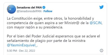 Posicionamiento del GPPAN en el Senado sobre la situación de la ministra Yasmín Esquivel