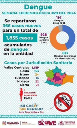 Notifican mil 855 casos acumulados de dengue en Oaxaca; Se registran 366 casos nuevos