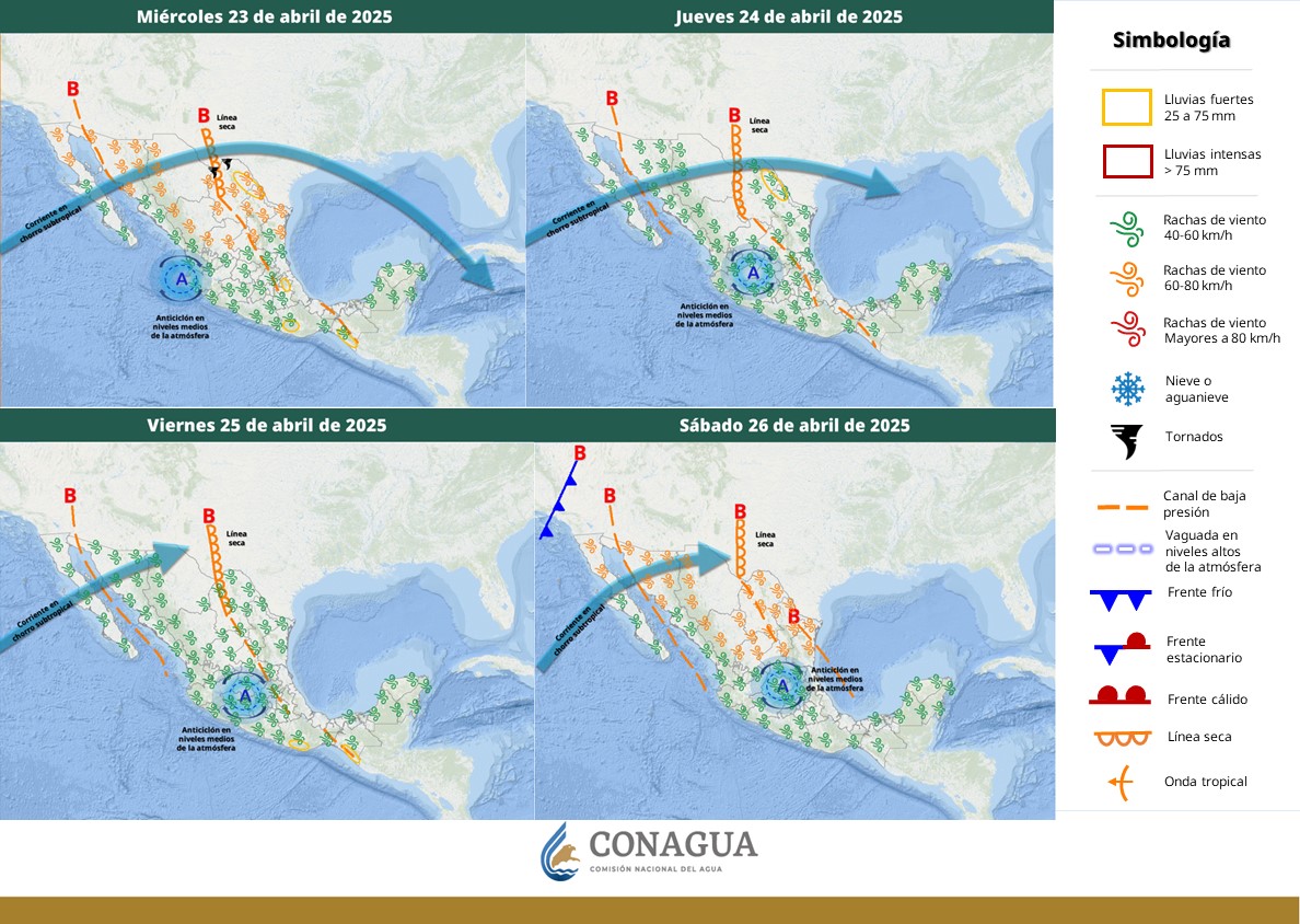 Pronostican lluvias de fuertes a muy fuertes y posible formación de torbellinos o tornados en el norte de Coahuila, Nuevo León y Tamaulipas