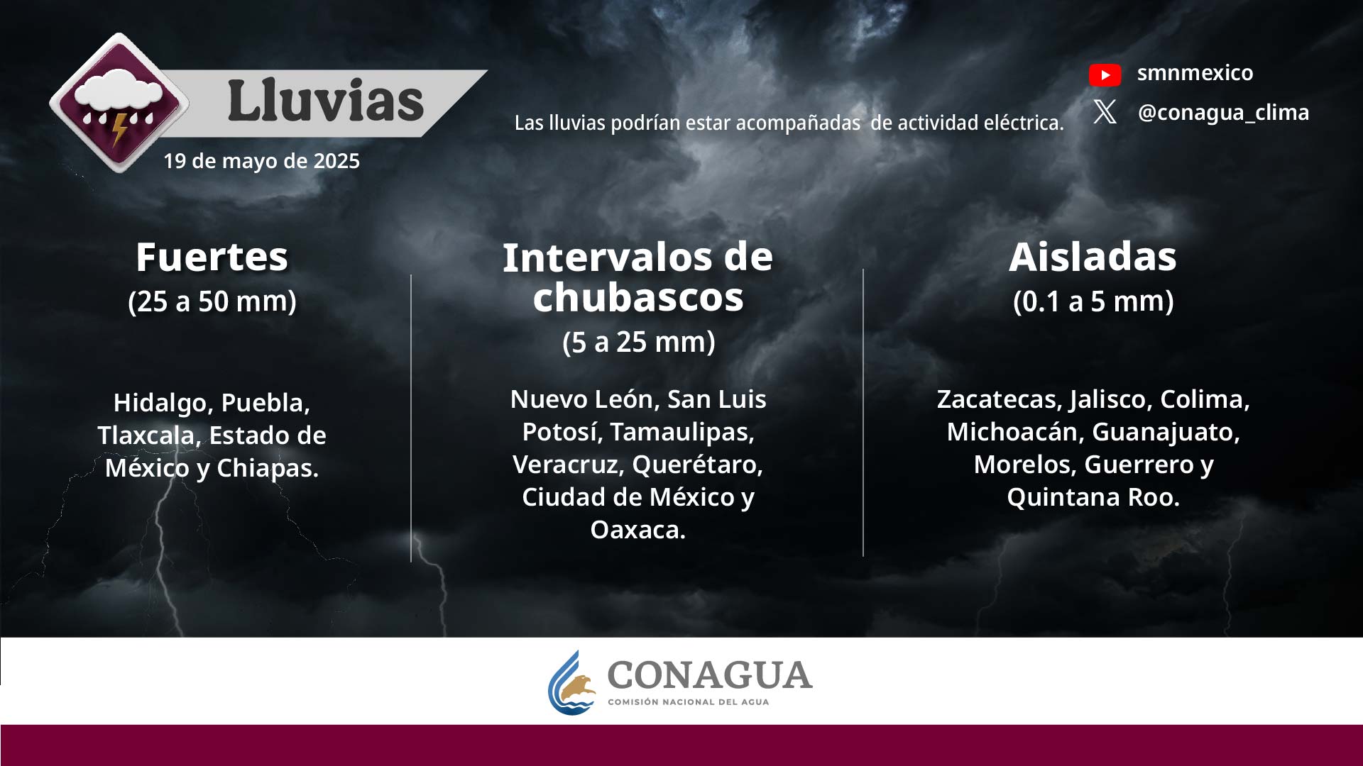 Pronostican lluvias fuertes en Hidalgo, Puebla, Tlaxcala, Estado de México, Chiapas, Nuevo León, Tamaulipas y San Luis Potosí