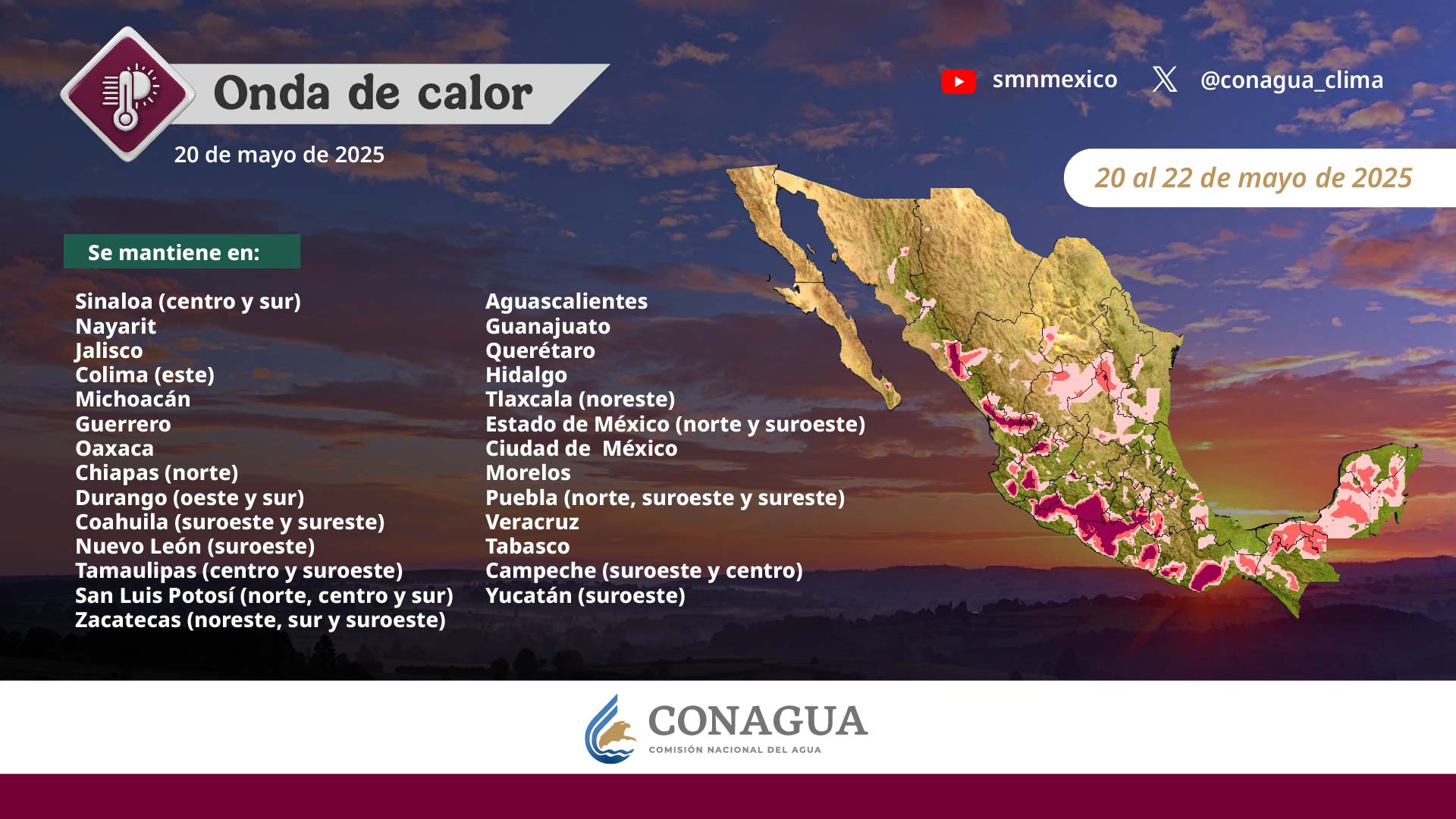 Continuará este miércoles ambiente de caluroso a muy caluroso sobre México; prevalece Onda de Calor