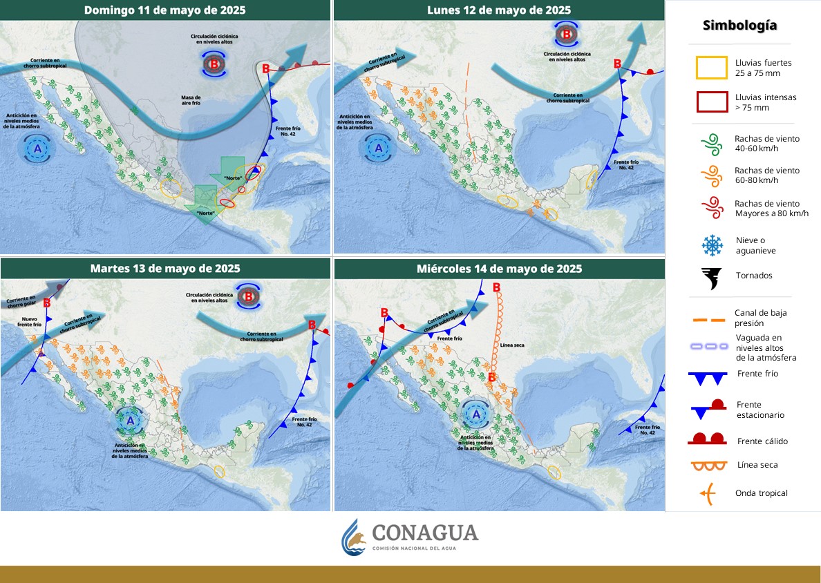 Prevén lluvias torrenciales en Chiapas y Tabasco e intensas en Veracruz, Oaxaca y la Península de Yucatán