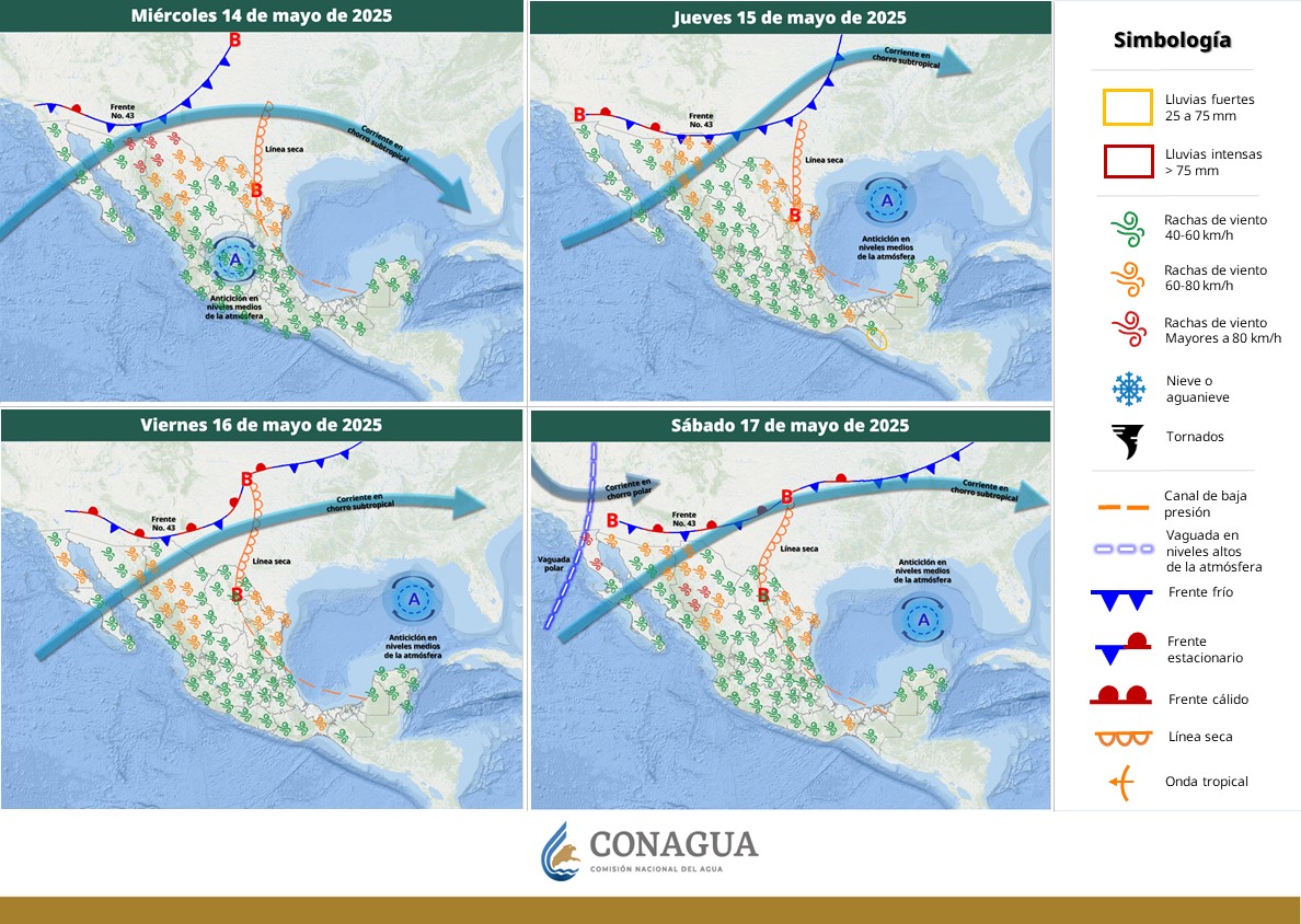 Ocasionará Frente Frío 43 esta noche viento con rachas de 60 a 80 km/h en Baja California, Sonora y Chihuahua