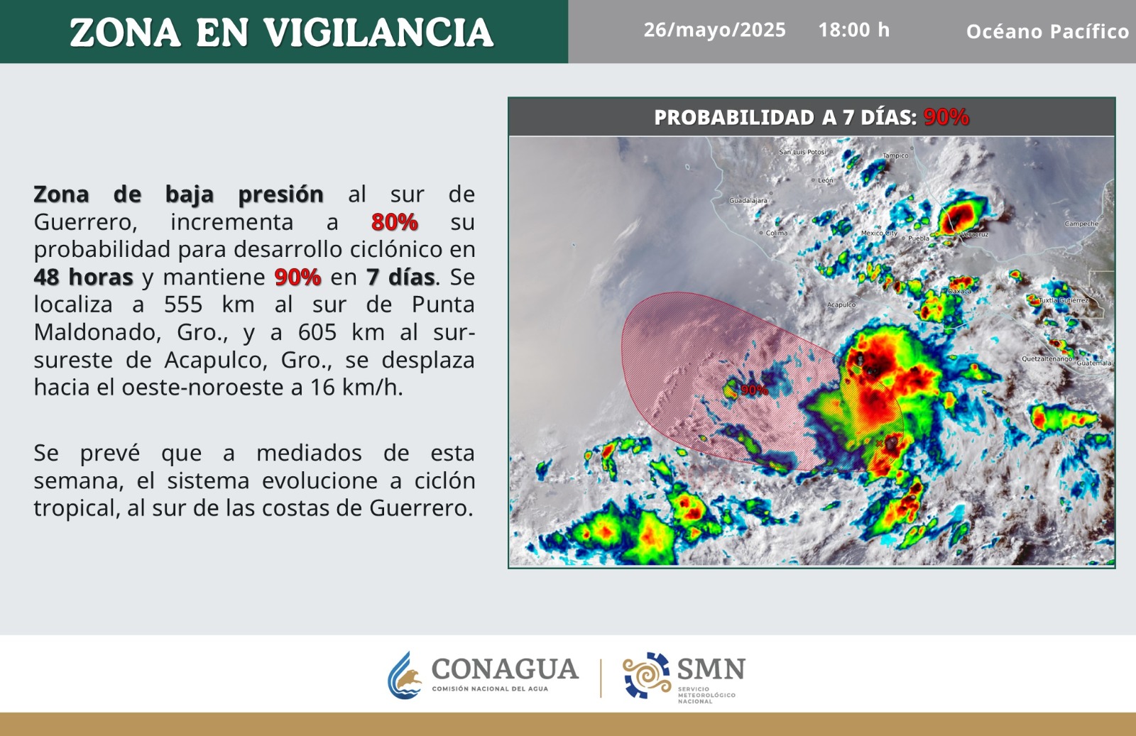 Informa Protección Civil sobre formación de un posible desarrollo ciclónico al sur de Guerrero