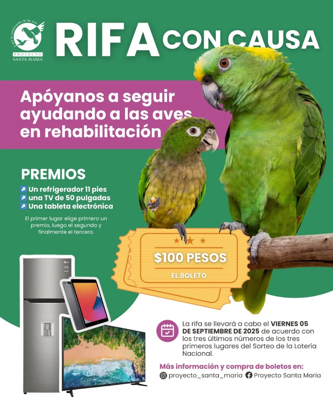 Pide Proyecto Santa María ayuda para su “Rifa de mitad de año” a favor de las aves
