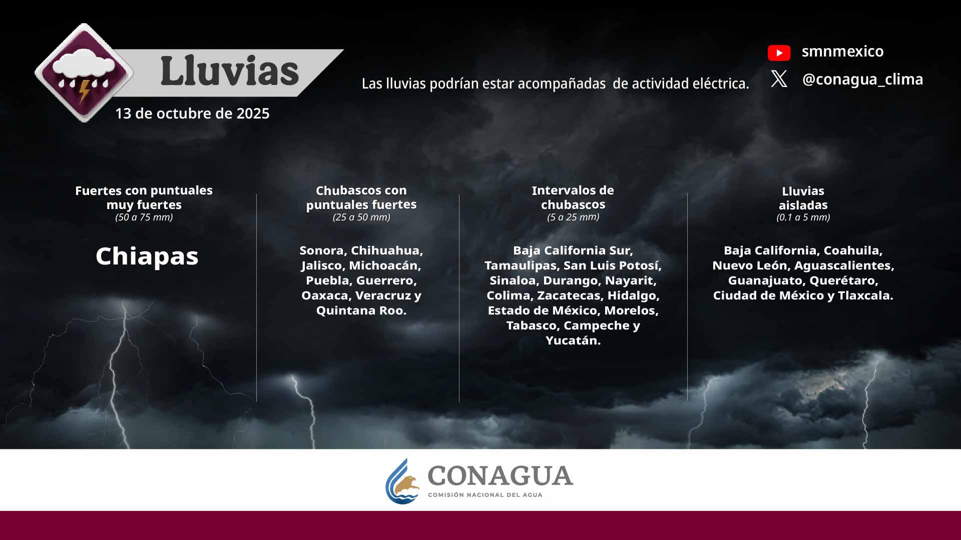 Se prevén lluvias de fuertes a muy fuertes en 12 estados de México