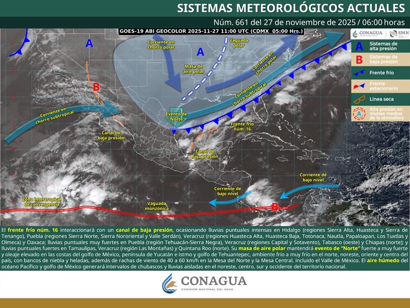 Generará Frente Frío número 16, lluvias y vientos muy fuertes en Oaxaca