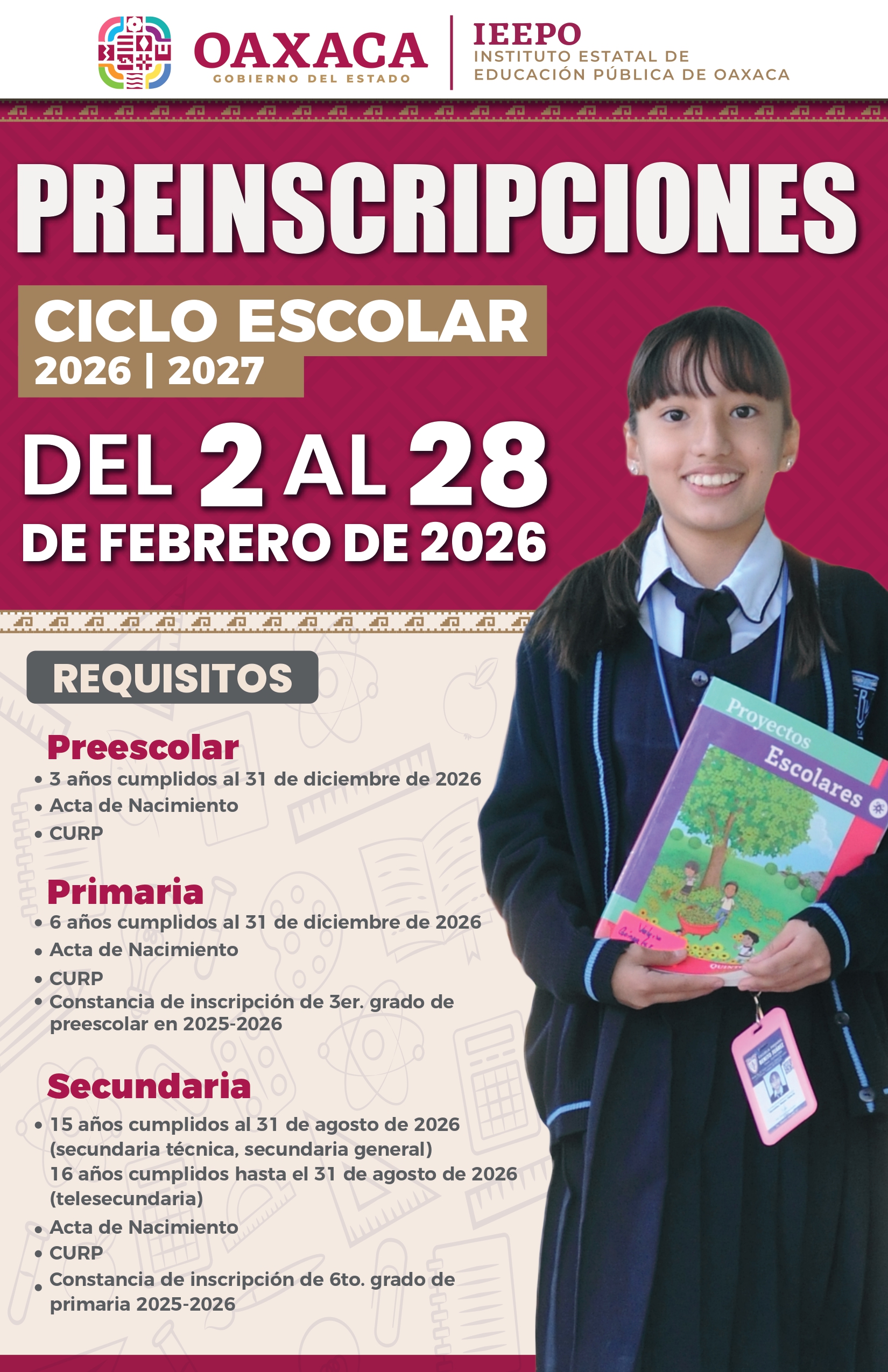 Preinscripciones de educación básica para ciclo escolar 2026-2027 serán del 2 al 28 de febrero: IEEPO
