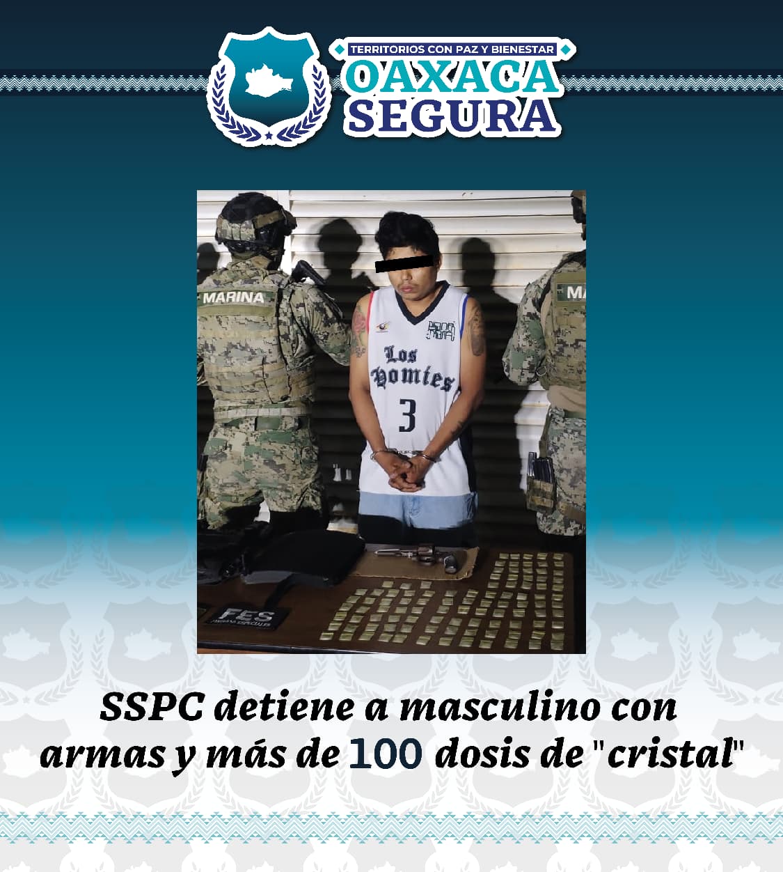 Detiene Policía Estatal a masculino con más de 100 dosis de drogas y equipo armamentístico en La Raya