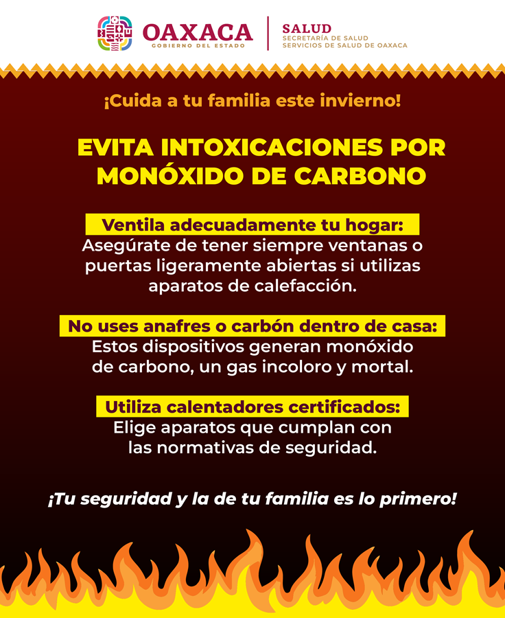 Exhorta Servicios de Salud de Oaxaca a evitar intoxicaciones por monóxido de carbono en temporada de frío