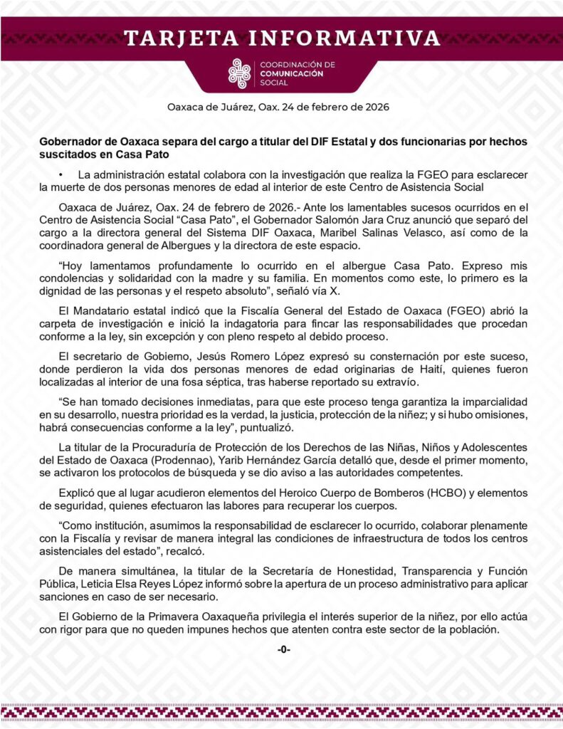 Separan del cargo a titular del DIF-Oaxaca y dos funcionarias por hechos suscitados en “Casa Pato”
