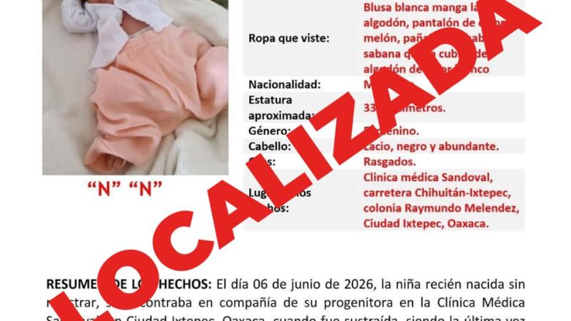 Localizan a salvo a bebé