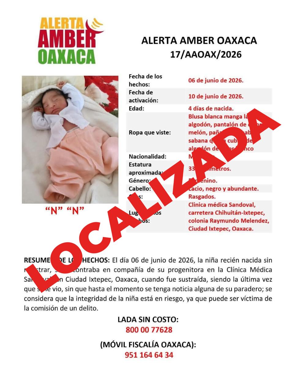 Localizan a salvo a bebé recién nacida reportada como sustraída en Ciudad Ixtepec, Oaxaca
