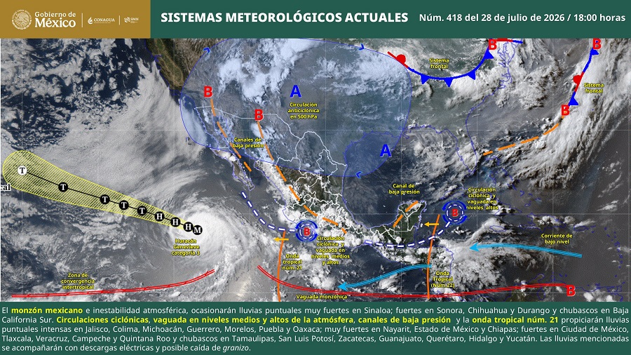 Pronostican esta noche lluvias intensas en regiones de Jalisco, Colima, Michoacán, Guerrero, Morelos, Puebla y Oaxaca