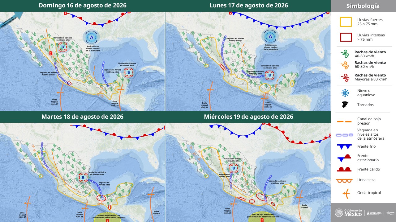 Pronostican lluvias intensas en regiones de Oaxaca y muy fuertes en zonas de 12 estados del país
