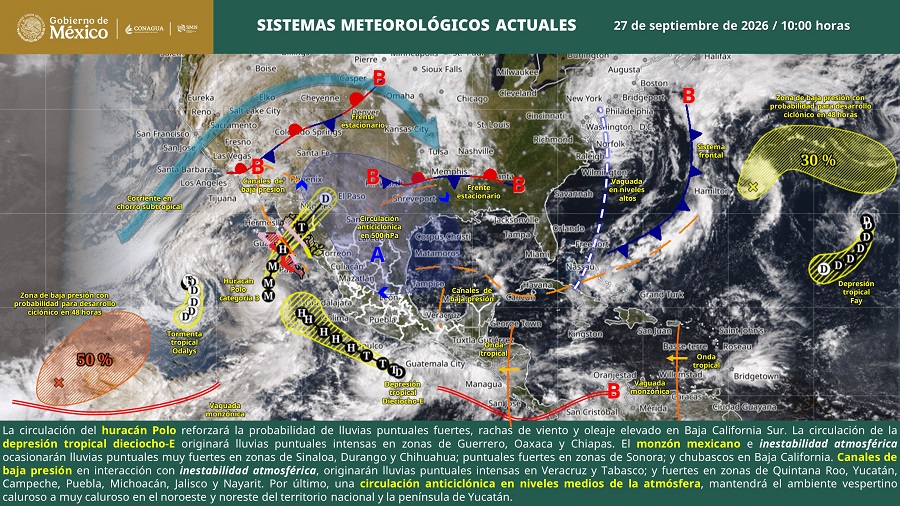 Prevén lluvias fuertes en regiones de Baja California Sur e intensas en zonas de Guerrero y Oaxaca