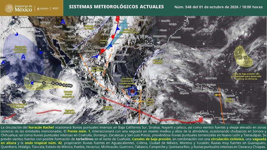 Debido a “Rachel”, continúa pronóstico de lluvias de muy fuertes a intensas en regiones de Nayarit, Jalisco, Baja California Sur y Sinaloa